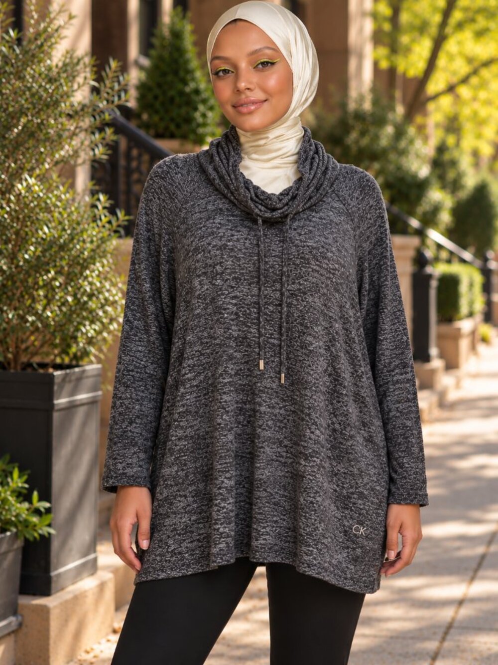 CALVIN KLEIN CK Gray Cowl Neck Knit Top 2X Textured Heathered Funnel Drawstring